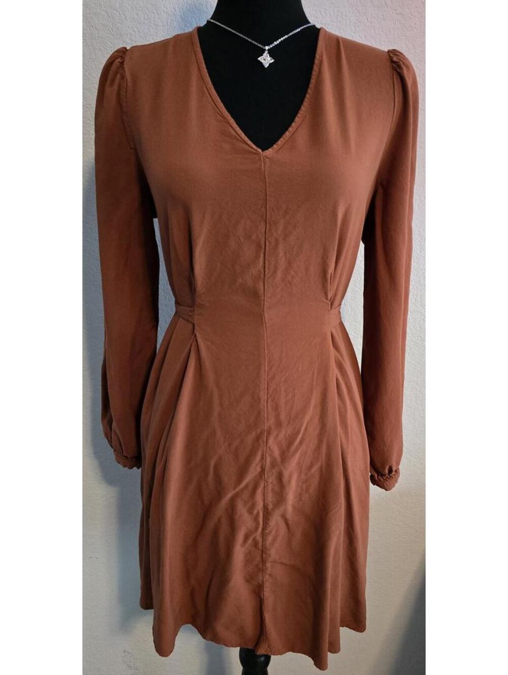 Nine West Brown Long Sleeve V-Neck Dress with Waist Tie Medium